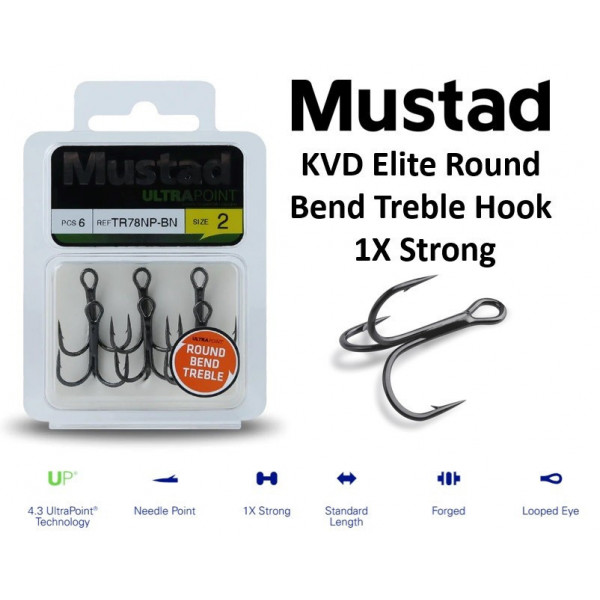 Mustad KVD Elite Round Bend Treble Hook - 1X Strong