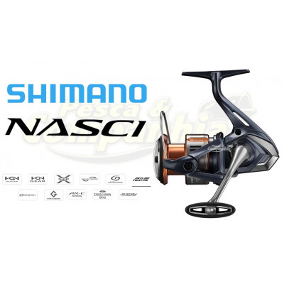 Shimano Nasci FD C3000 HG, carreto de pesca spinning preto e dourado, vista lateral com tecnologias destacadas