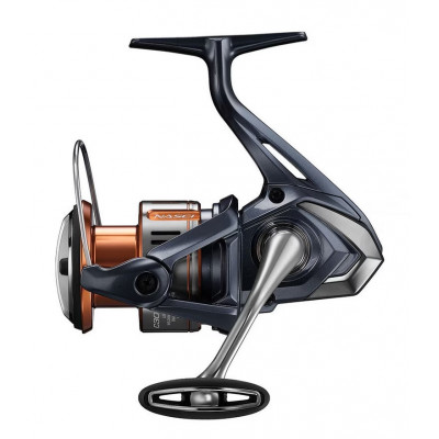 Shimano Nasci FD C3000 HG vista lateral direita, destacando corpo azul escuro e rotor bronze