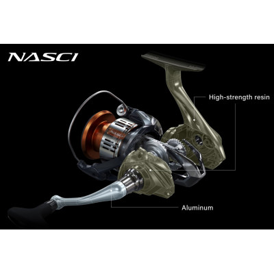 Shimano Nasci FD C3000 HG em corte técnico explodido, destacando corpo em resina de alta resistência e rotor em alumínio